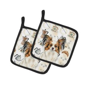 White with Sable Papillon Coffee Bar Pair of Pot Holders Pair 7.5x7.5 Quilted Insulated Hot Pads Decorative Kitchen Gift Made in USA