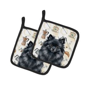 Black Pomeranian Coffee Bar Pair of Pot Holders Pair 7.5x7.5 Quilted Insulated Hot Pads Decorative Kitchen Gift Made in USA