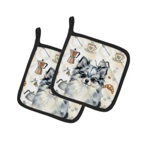 Blue Merle Pomeranian Coffee Bar Pair of Pot Holders Pair 7.5x7.5 Quilted Insulated Hot Pads Decorative Kitchen Gift Made in USA