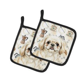 Cream Pekingese Coffee Bar Pair of Pot Holders Pair 7.5x7.5 Quilted Insulated Hot Pads Decorative Kitchen Gift Made in USA