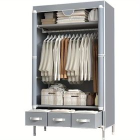 Portable Clothes Closet Rolling Door Wardrobe with Hanging Rack Non-Woven Fabric Storage Organizer with Three Drawer Boxes No-Tool Assembly - 67i